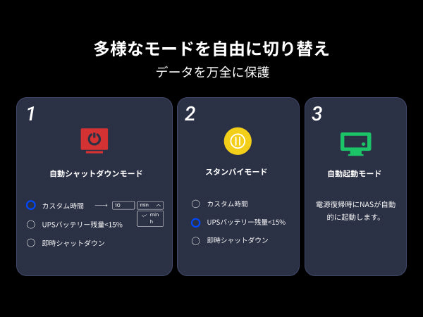 UGREEN NAS用UPSの動作モード(自動シャットダウン、スタンバイ、自動起動)の切り替え設定画面