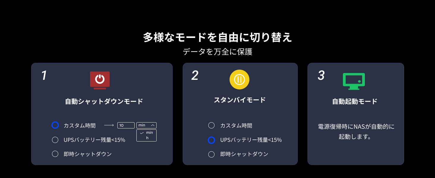 UGREEN NAS用UPSの動作モード(自動シャットダウン、スタンバイ、自動起動)の切り替え設定画面