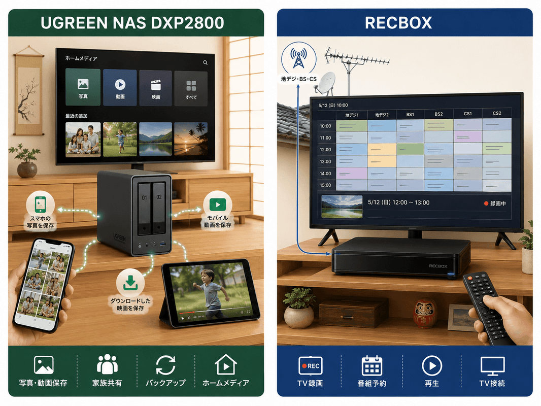 NAS DXP2800（一般家庭用NAS）  対  RECBOX（テレビ番組録画専用NAS）