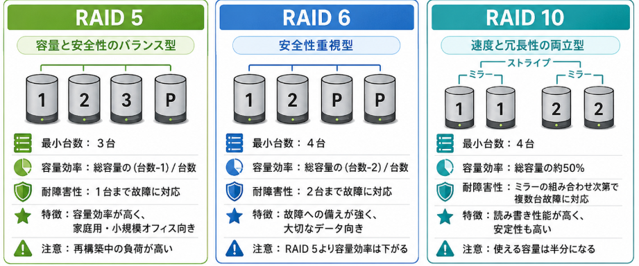 RAID 5・6・10の違い｜4ベイ以上NASの選び方