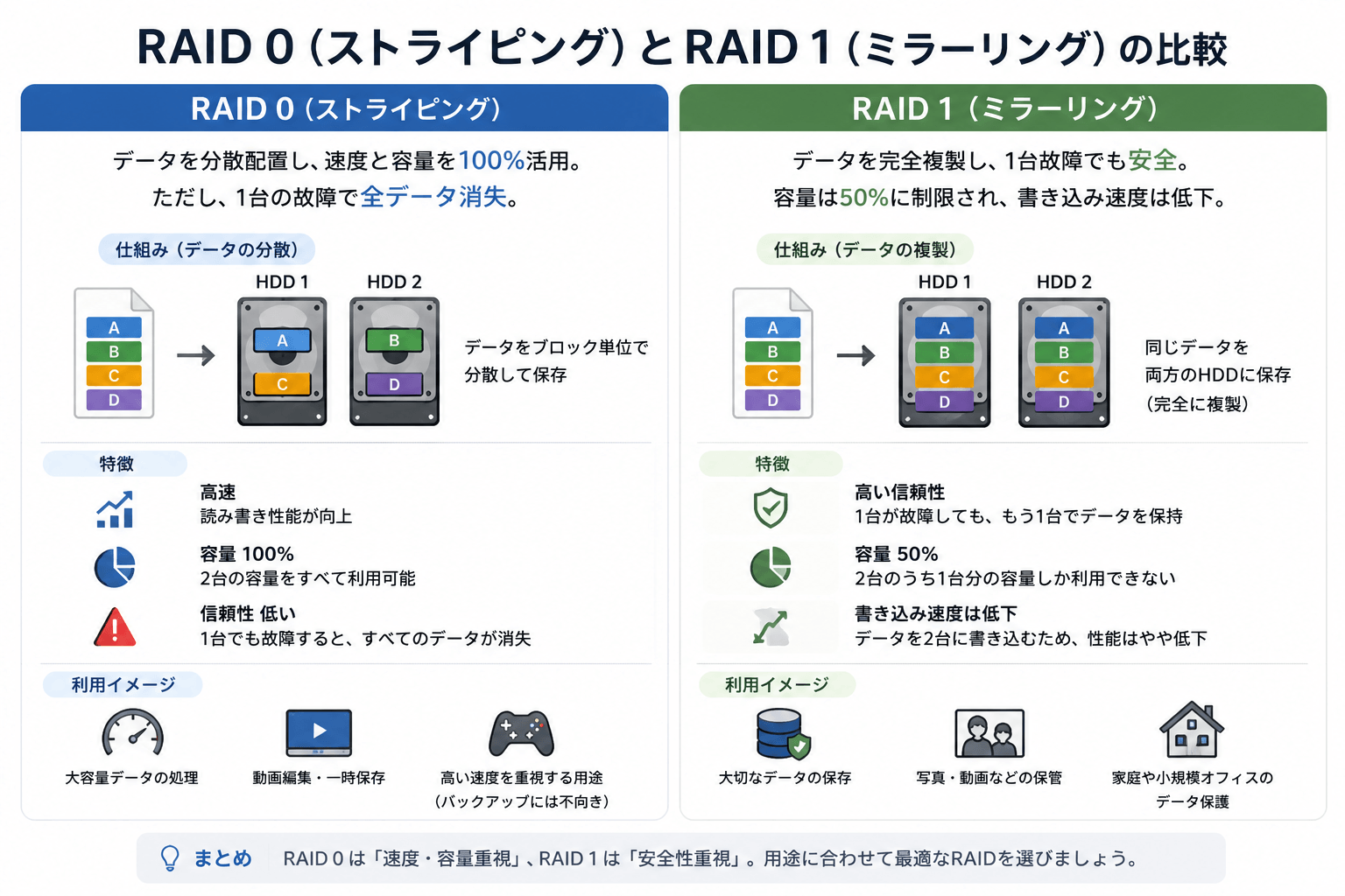 RAID 0とRAID 1の違い：2ベイNASではどちらを選ぶべき？