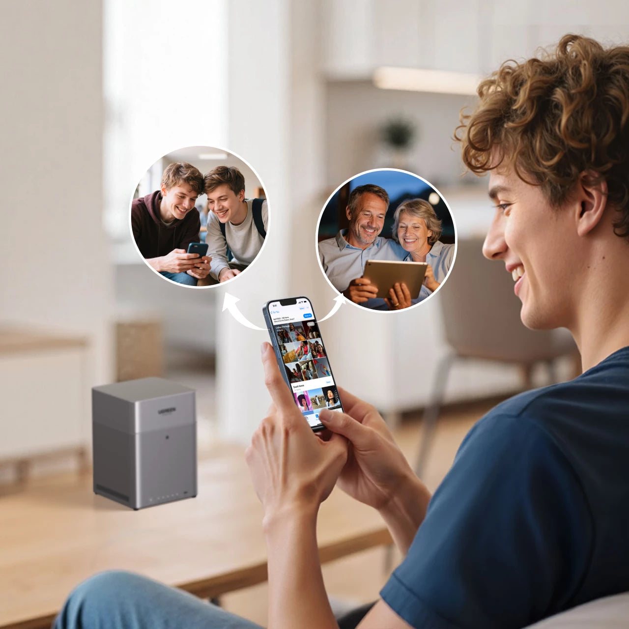 スマートフォンでUGREEN NASに保存された写真を家族や友人とリモート共有する利用シーン