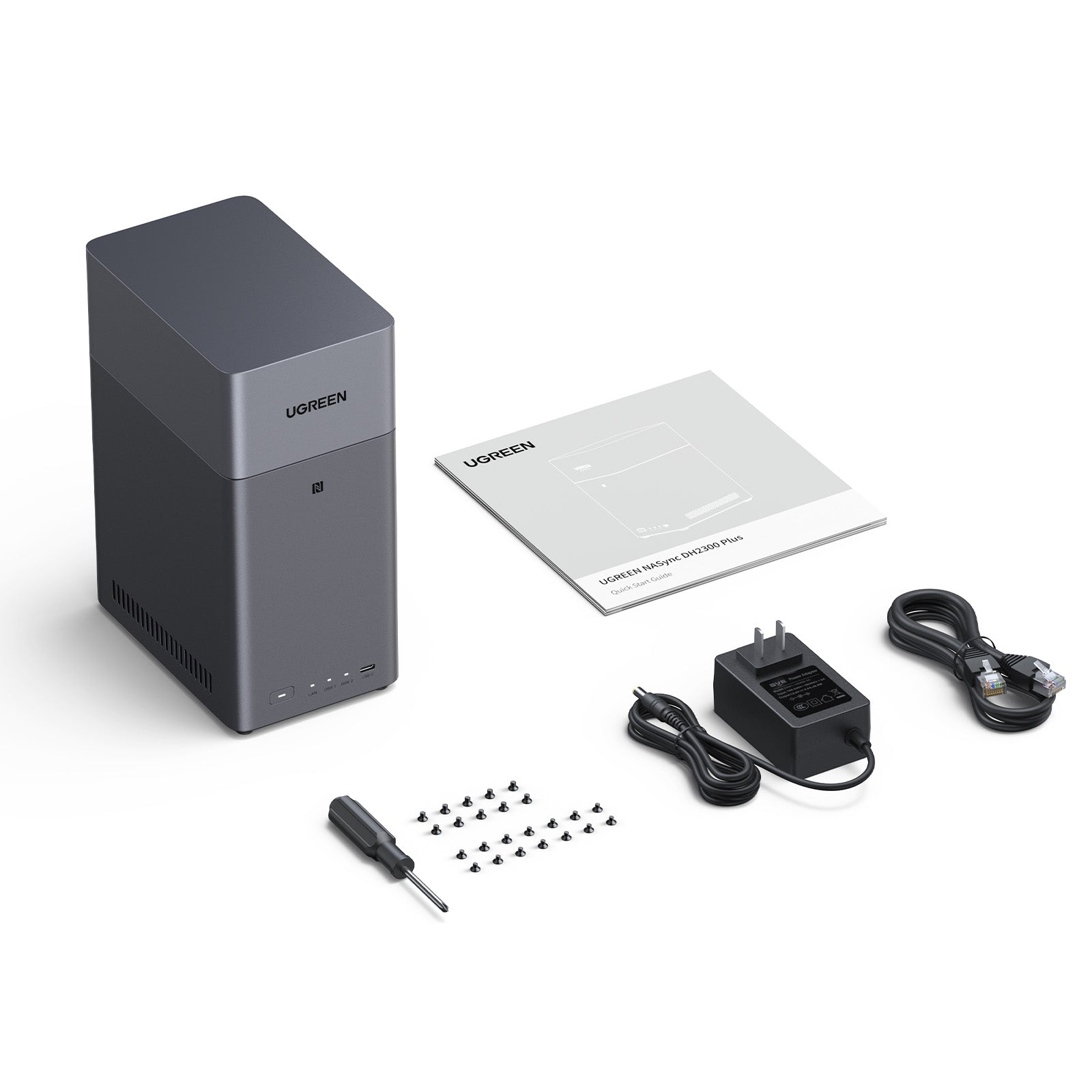 UGREEN NASync DH2300 の付属品一覧：本体 × 1、ネジおよびドライバーセット × 1、取扱説明書 × 1、ACアダプター（DC12V/6A）× 1、イーサネットケーブル（CAT 7）× 1。