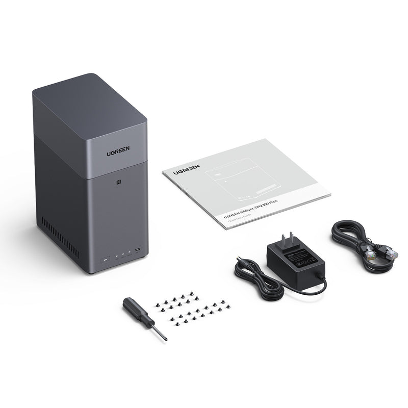 UGREEN NASync DH2300 の付属品一覧：本体 × 1、ネジおよびドライバーセット × 1、取扱説明書 × 1、ACアダプター（DC12V/6A）× 1、イーサネットケーブル（CAT 7）× 1。
