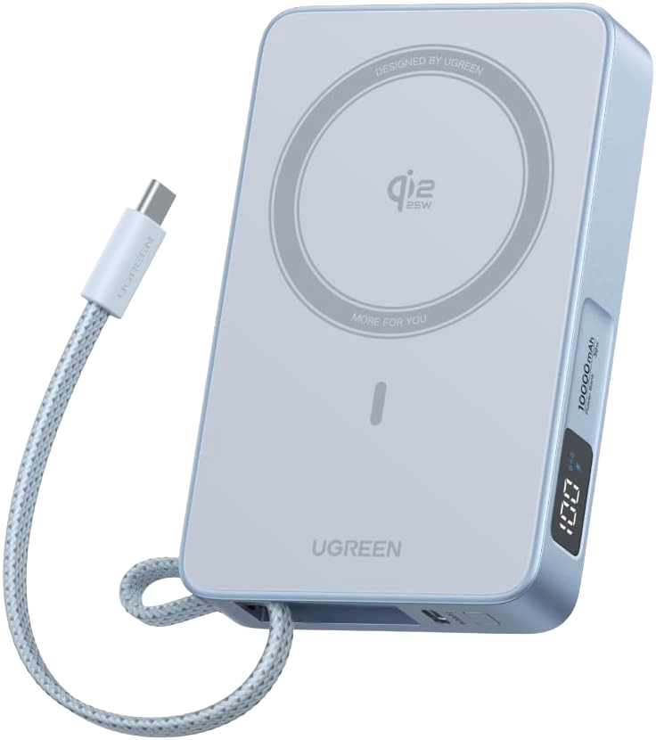 UGREEN MagFlow Qi2 25W認証 モバイルバッテリー Magsafe対応 マグネット式ワイヤレス急速充電 10000mAh 水色