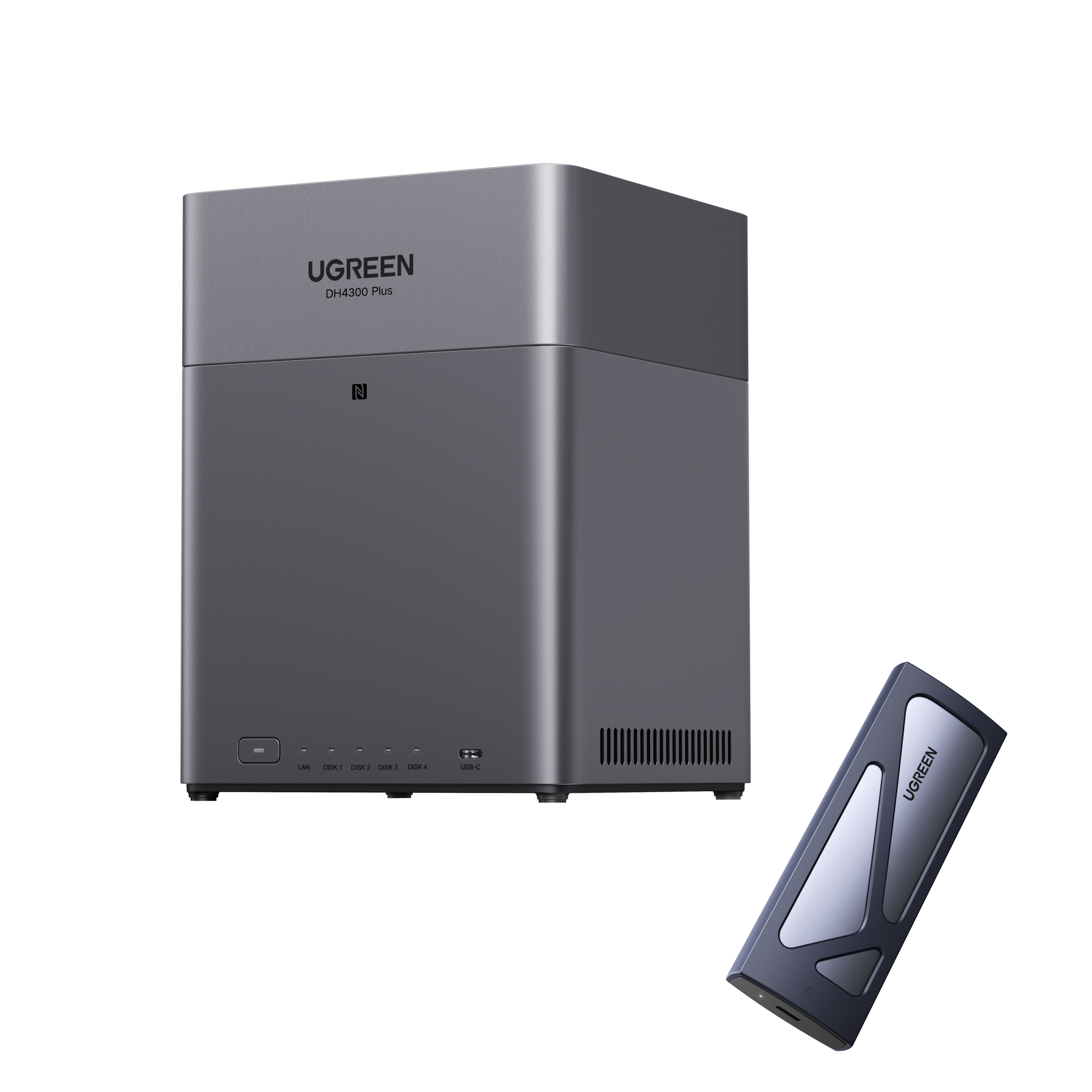 NASync DH4300 Plus本体とUGREENポータブルSSDを組み合わせた外部ストレージ利用のイメージ