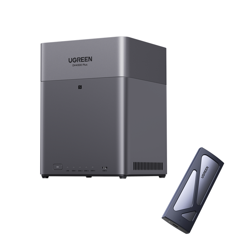 NASync DH4300 Plus本体とUGREENポータブルSSDを組み合わせた外部ストレージ利用のイメージ