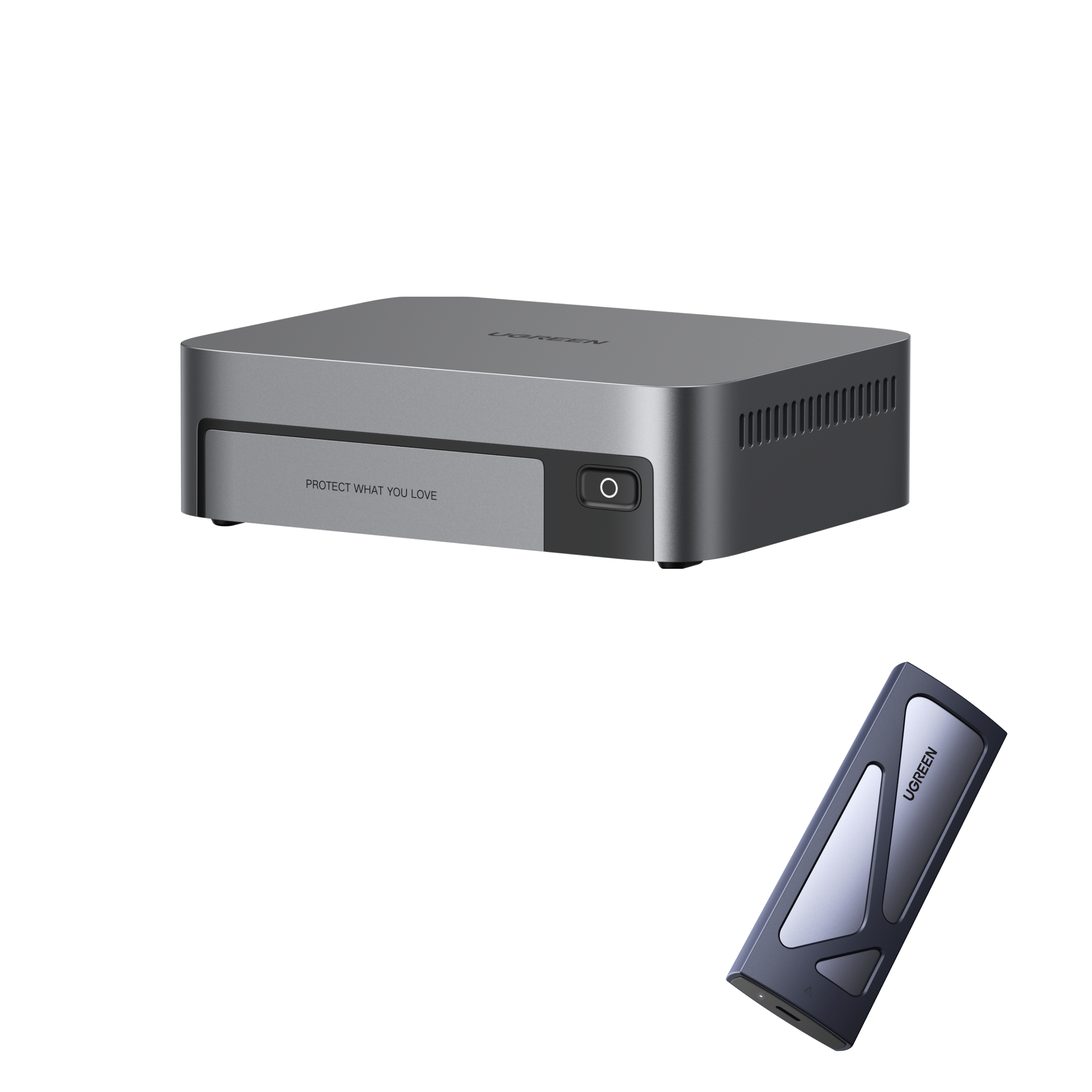 UGREEN NASync DXP480T Plus本体とポータブルストレージデバイスの外観