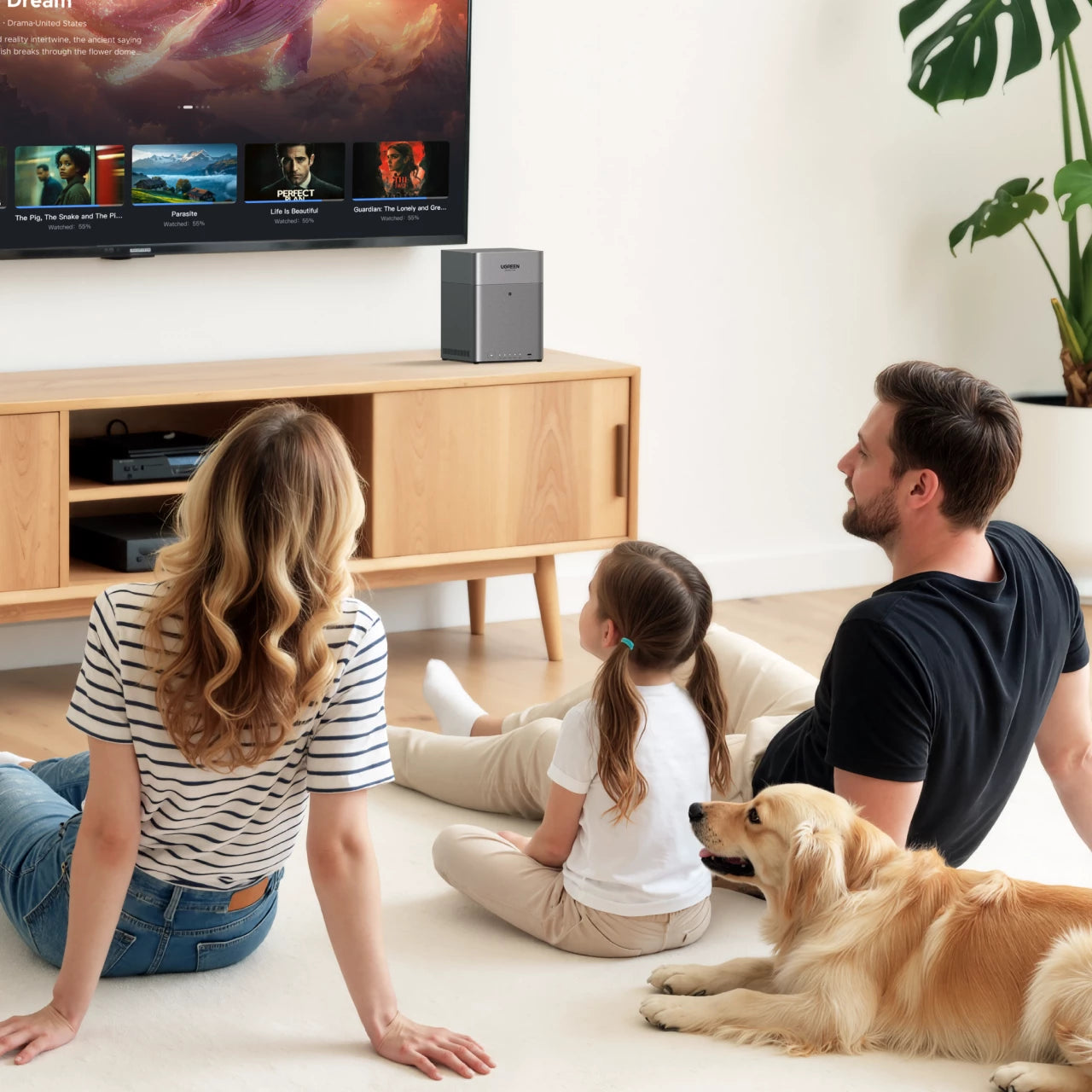 UGREEN NASに保存された動画コンテンツをテレビで家族とストリーミング視聴するホームエンターテインメントシーン