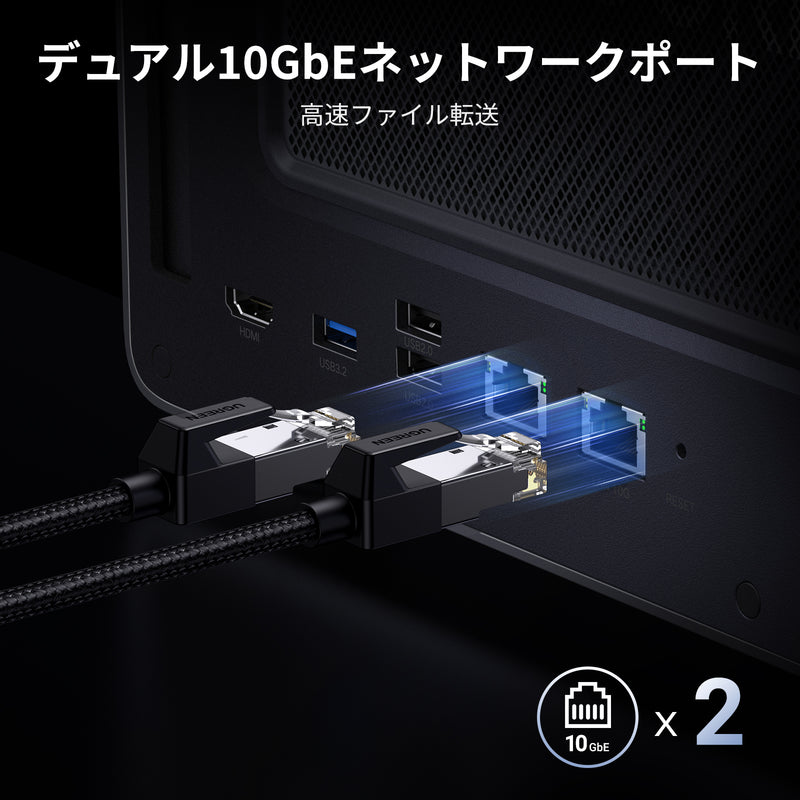 UGREEN NASync DXP8800 Plusのデュアル10GbEポートによる最大2500MB/秒の高速データ転送性能を示したイメージ