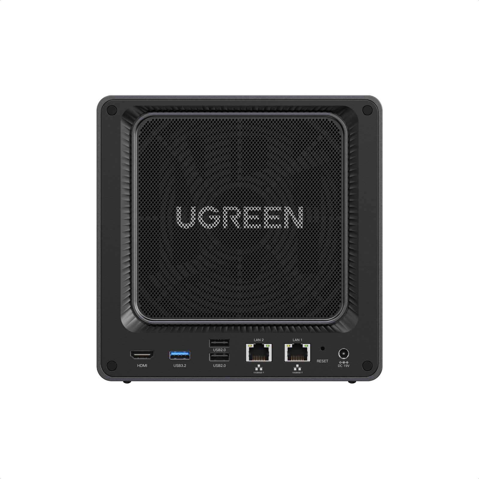 UGREEN NASync DXP4800 GT背面インターフェース。デュアル10GbE LANポート、HDMI、USB 3.2、USB 2.0、冷却ファンを搭載した4ベイNAS