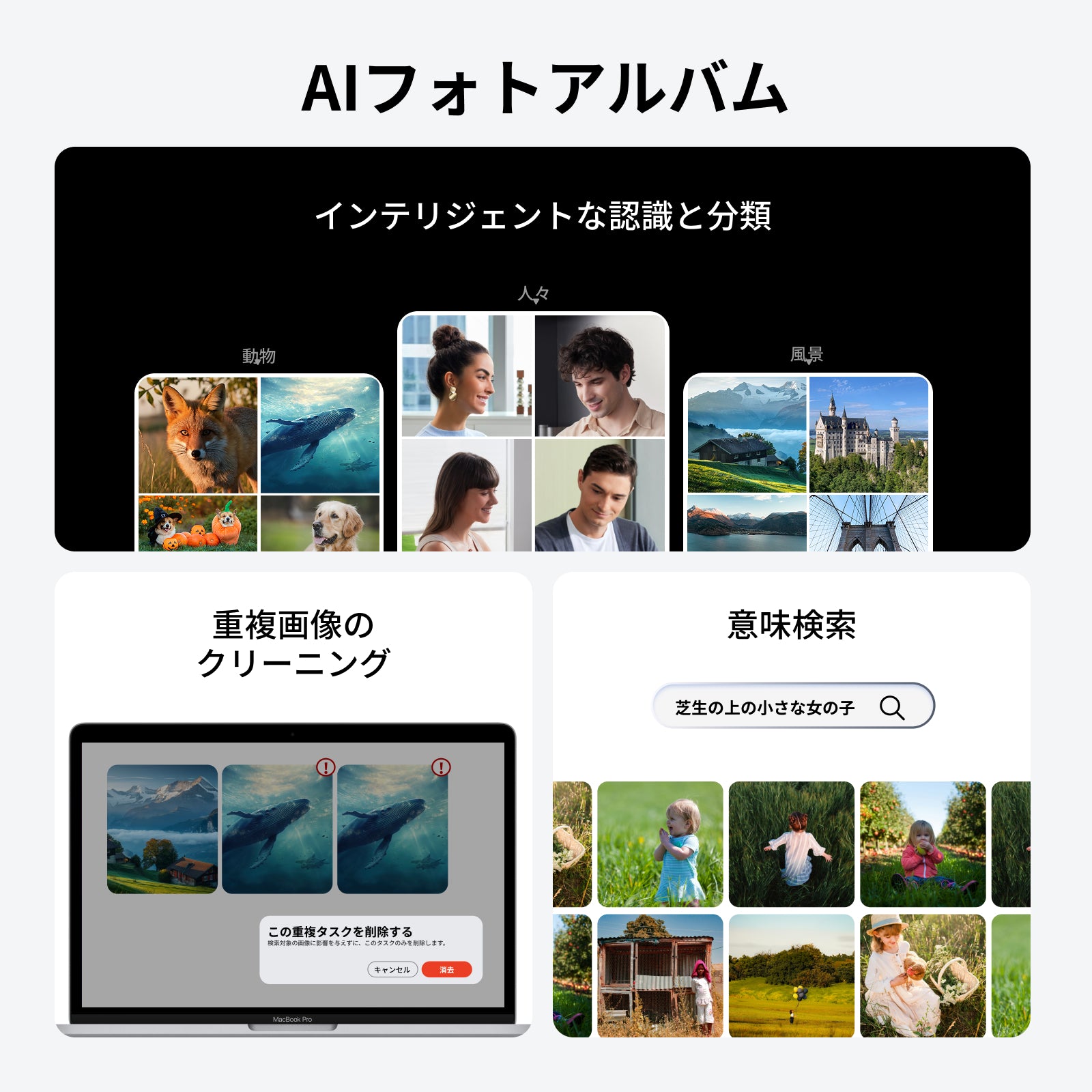 UGREEN NASのAIフォトアルバム機能（人物・動物・風景の自動分類、重複削除、意味検索）を示した画面
