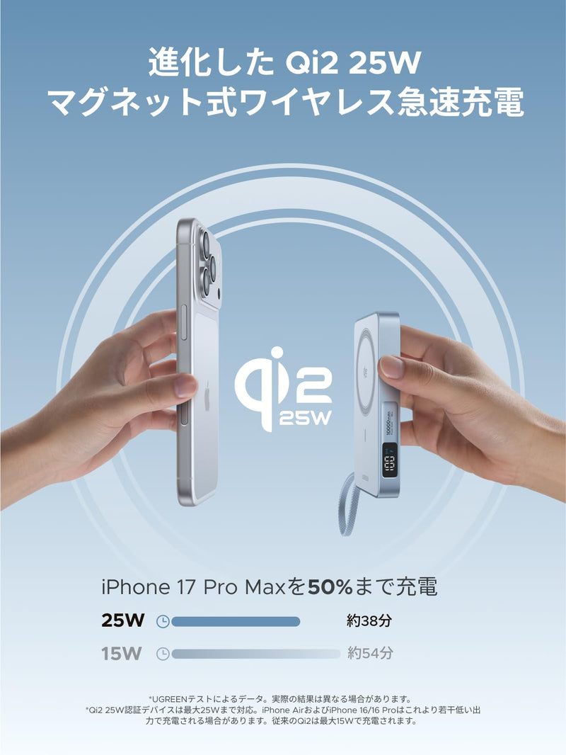 UGREEN MagFlow Qi2 25W認証 モバイルバッテリー Magsafe対応 マグネット式ワイヤレス急速充電 10000mAh 水色