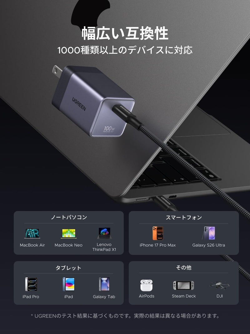 UGREEN Air 100W PD3.0急速充電器 超小型 GaNII USB-C充電器