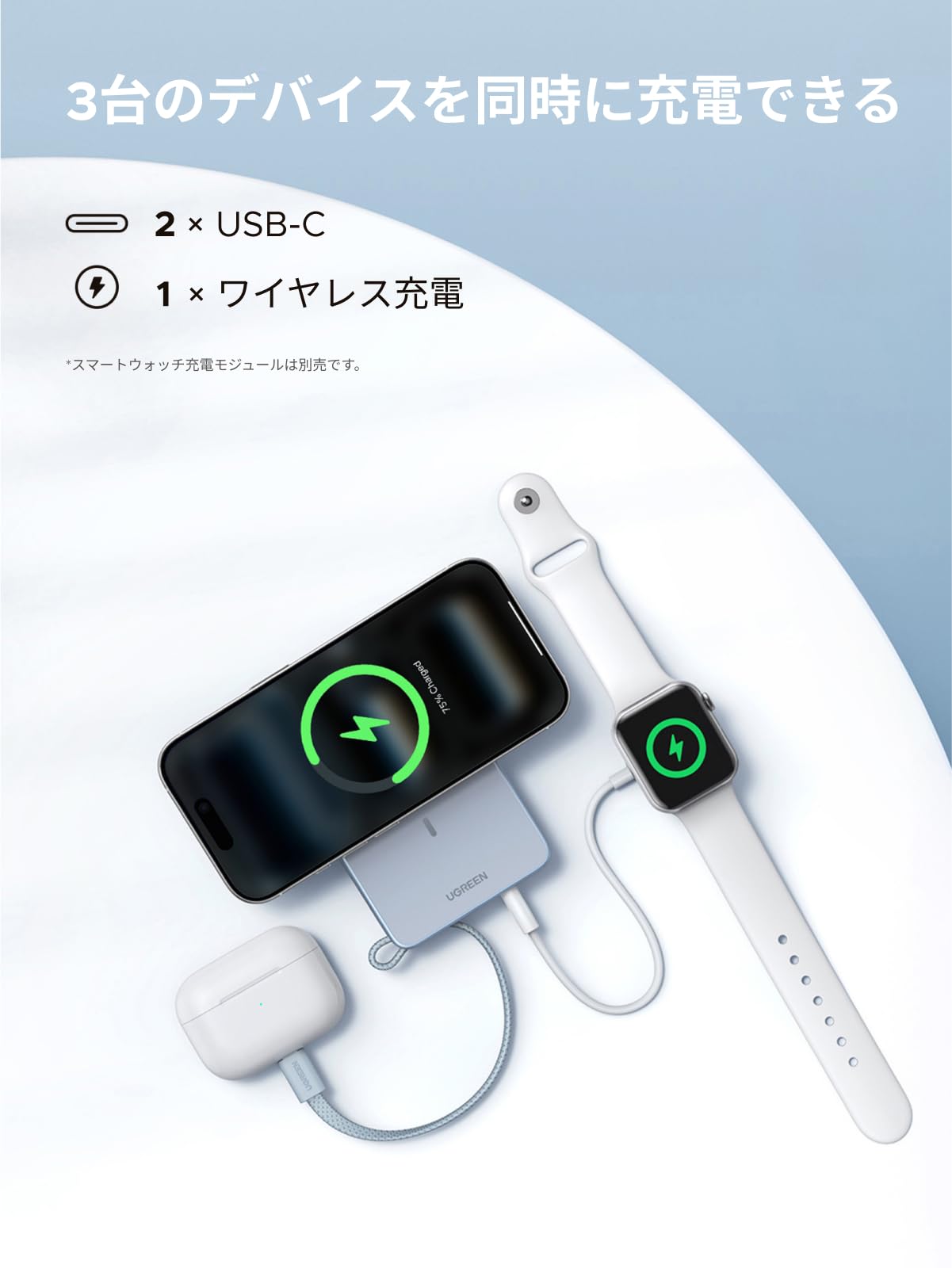 UGREEN MagFlow Qi2 25W認証 モバイルバッテリー Magsafe対応 マグネット式ワイヤレス急速充電 10000mAh 水色