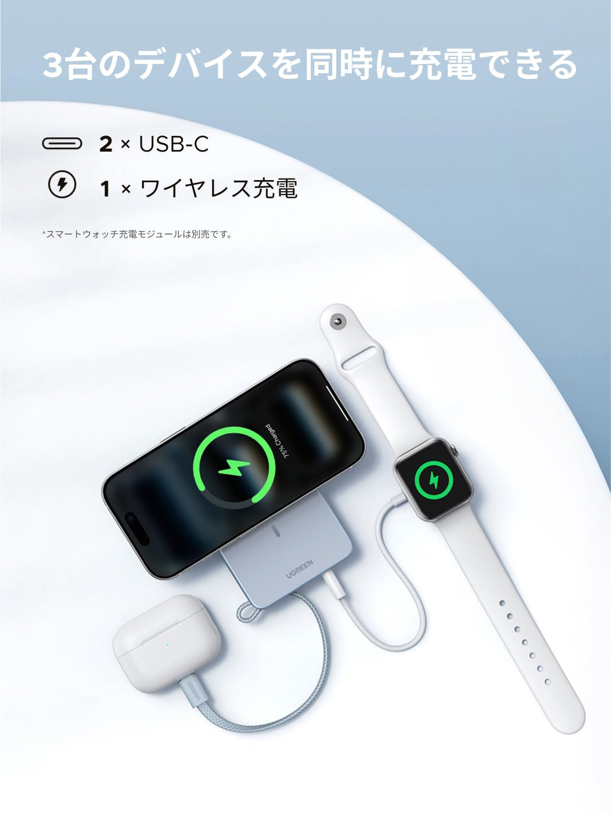 UGREEN MagFlow Qi2 25W認証 モバイルバッテリー Magsafe対応 マグネット式ワイヤレス急速充電 10000mAh 水色