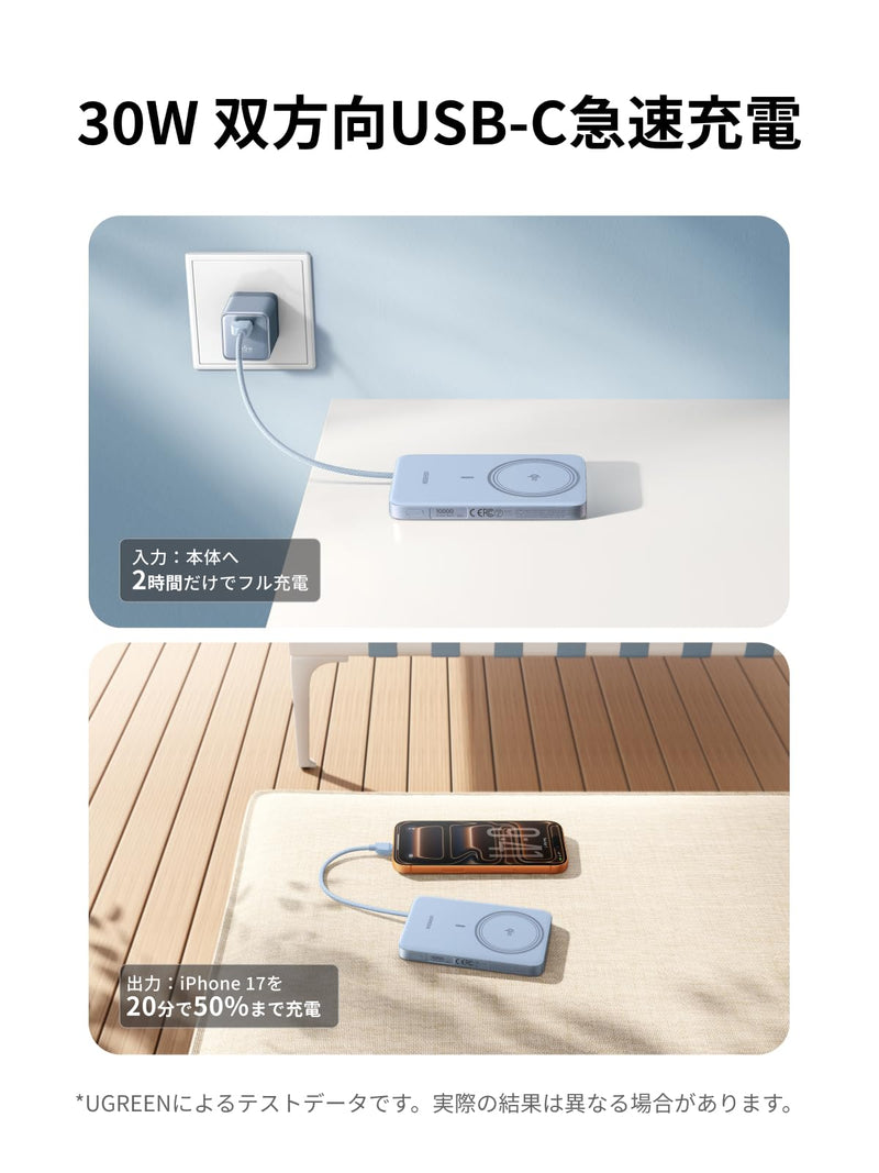 UGREEN Air モバイルバッテリー マグネット式ワイヤレス充電 薄型 MagSafe対応 10000mAh ケーブル内蔵 PB570 ブルー