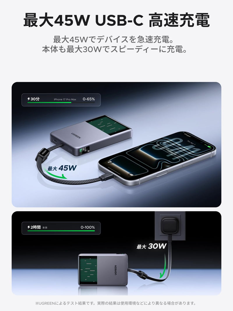 UGREEN Air 液体冷却式モバイルバッテリー 10000mAh Qi2 25W MagSafe対応 45W ケーブル内蔵