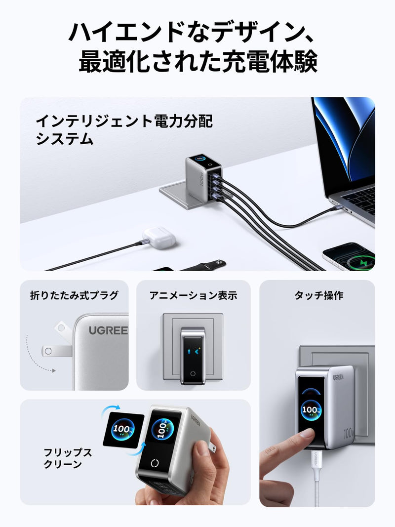 UGREEN アップグレード版 100W充電器 USB-C×3/USB-A×1 4ポート充電器 PD3.0/PPS/QC4対応 36*64*64mm