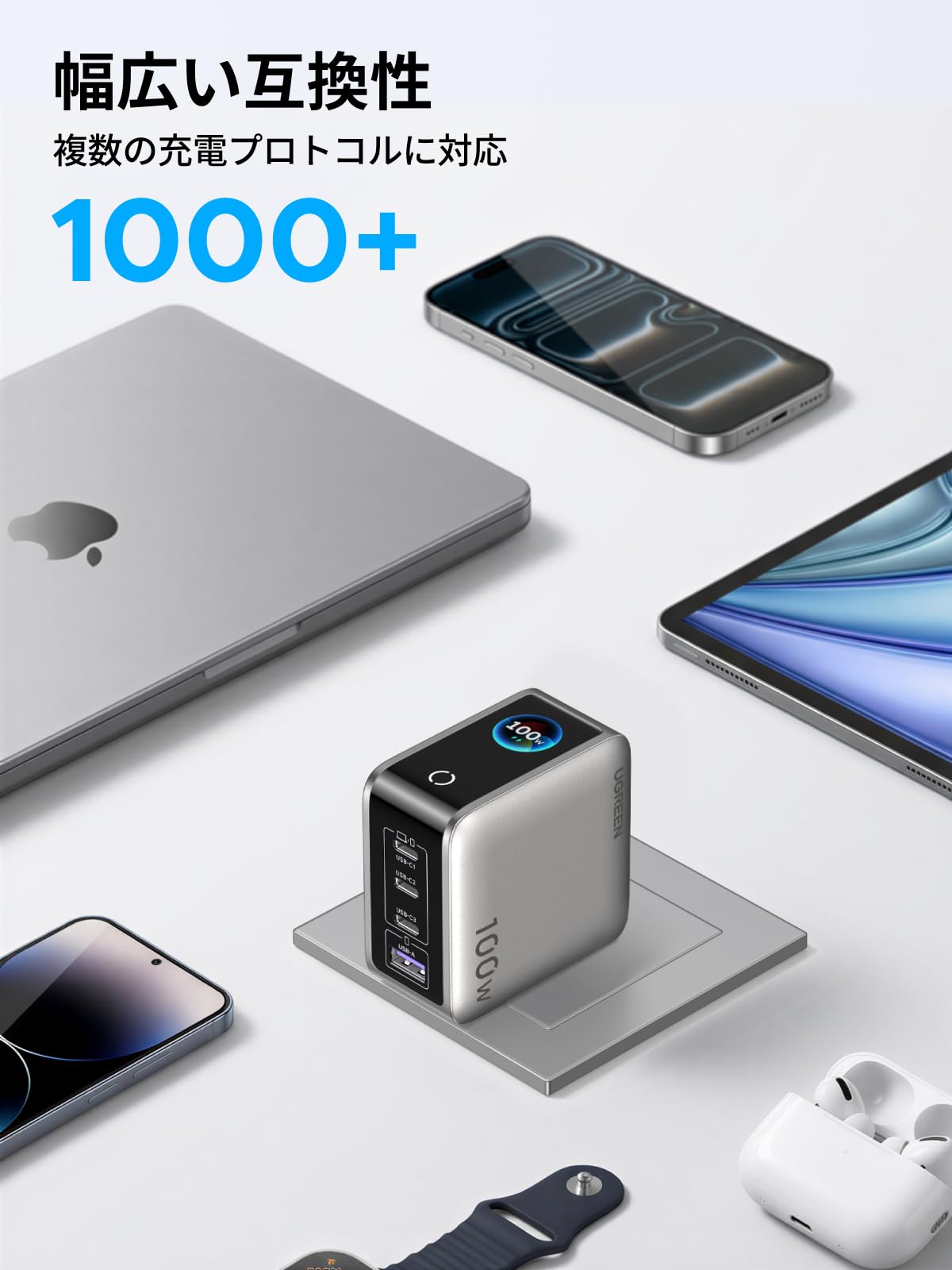 UGREEN アップグレード版 100W充電器 USB-C×3/USB-A×1 4ポート充電器 PD3.0/PPS/QC4対応 36*64*64mm