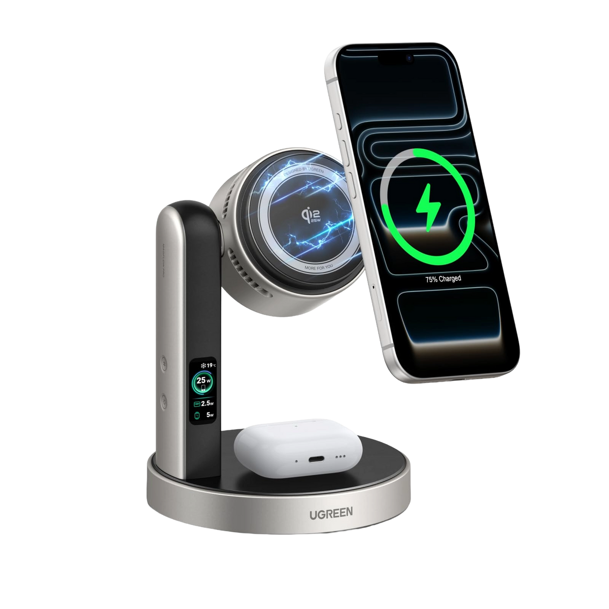 UGREEN MagFlow Pro Qi2 25W 2-in-1ワイヤレス充電器 | 冷却機能搭載