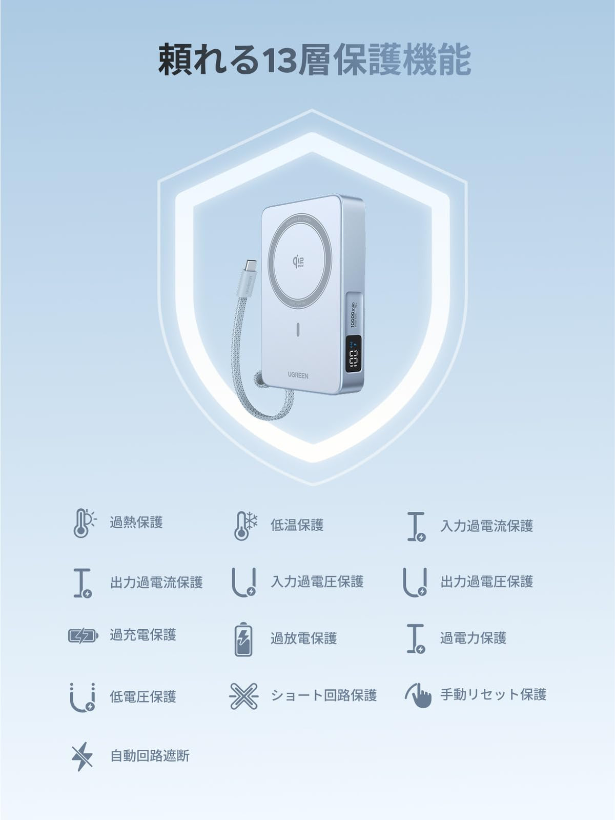 UGREEN MagFlow Qi2 25W認証 モバイルバッテリー Magsafe対応 マグネット式ワイヤレス急速充電 10000mAh 水色