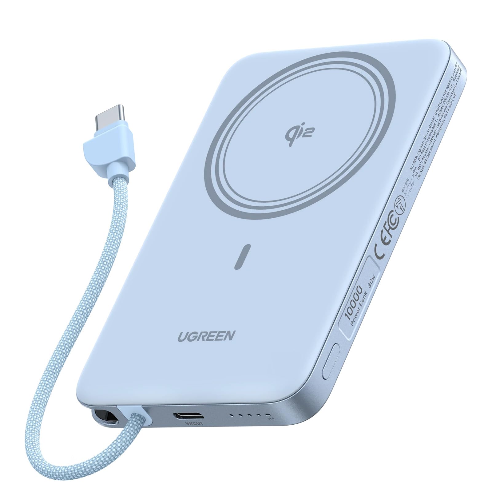 UGREEN Air モバイルバッテリー マグネット式ワイヤレス充電 薄型 MagSafe対応 10000mAh ケーブル内蔵 PB570 ブルー