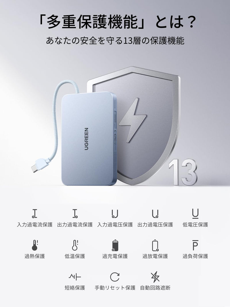 UGREEN Air モバイルバッテリー マグネット式ワイヤレス充電 薄型 MagSafe対応 10000mAh ケーブル内蔵 PB570 ブルー