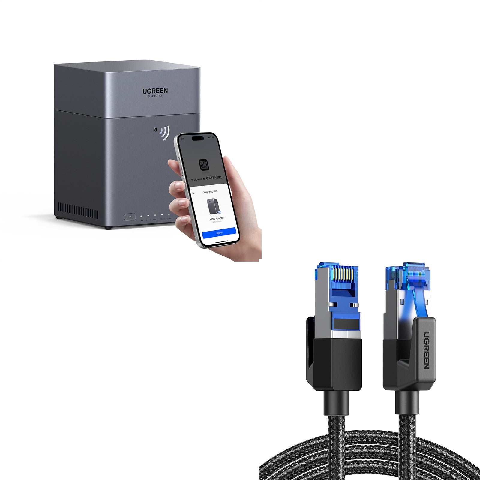 NASync DH4300 PlusのNFC接続と有線LANケーブルによるネットワーク接続を示した利用イメージ
