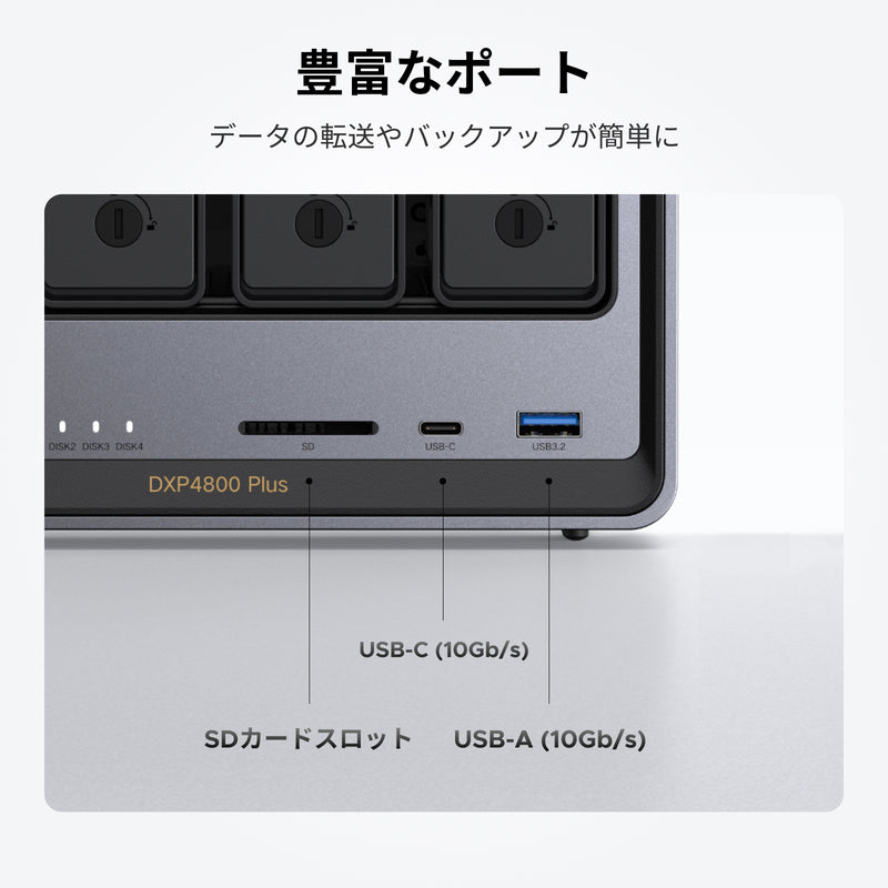UGREEN NASync DXP4800 Plus前面の豊富なポート（USB-C・USB-A・SDカードスロット）配置と高速転送対応