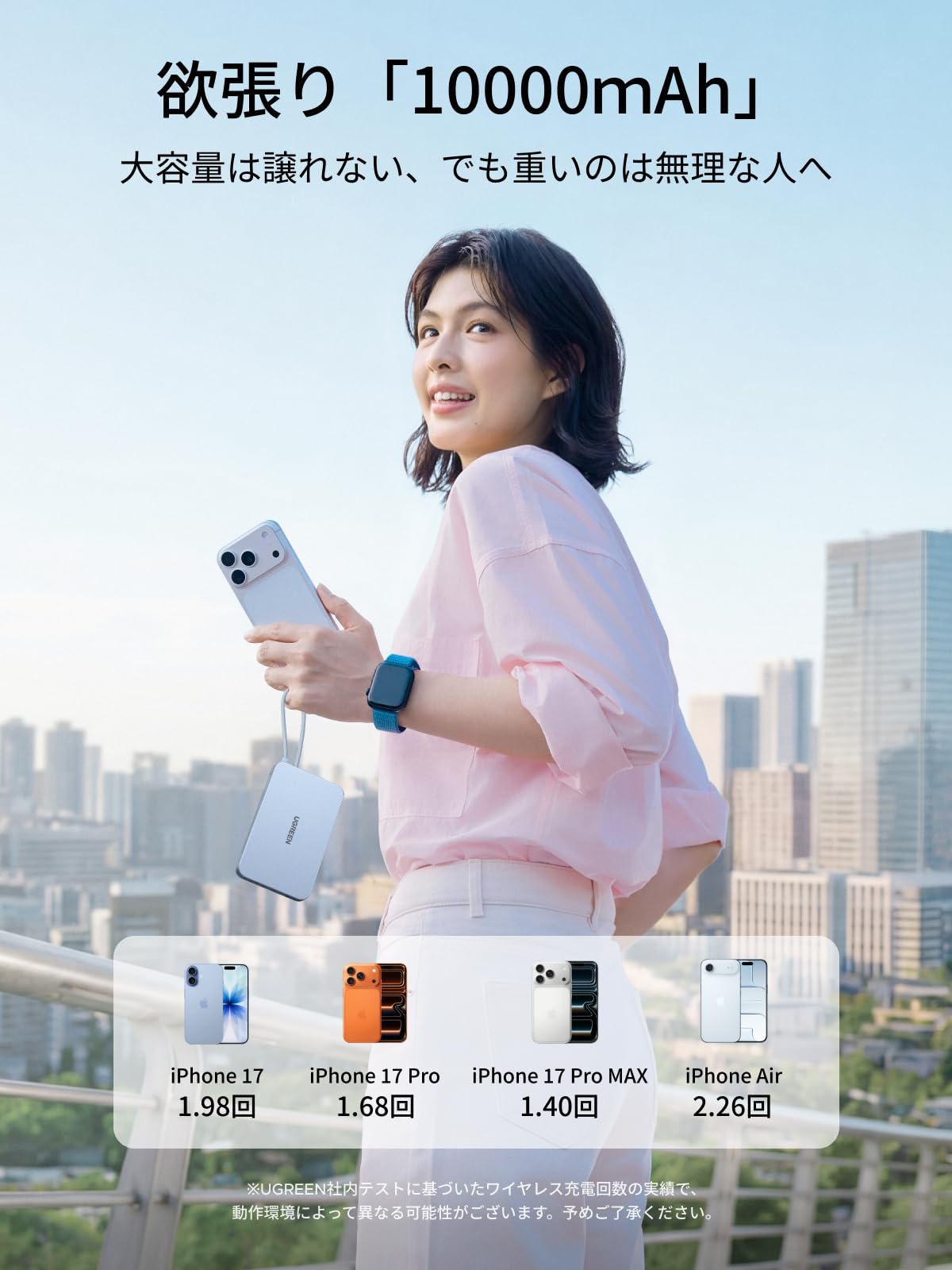 UGREEN Air モバイルバッテリー マグネット式ワイヤレス充電 薄型 MagSafe対応 10000mAh ケーブル内蔵 PB570 ブルー