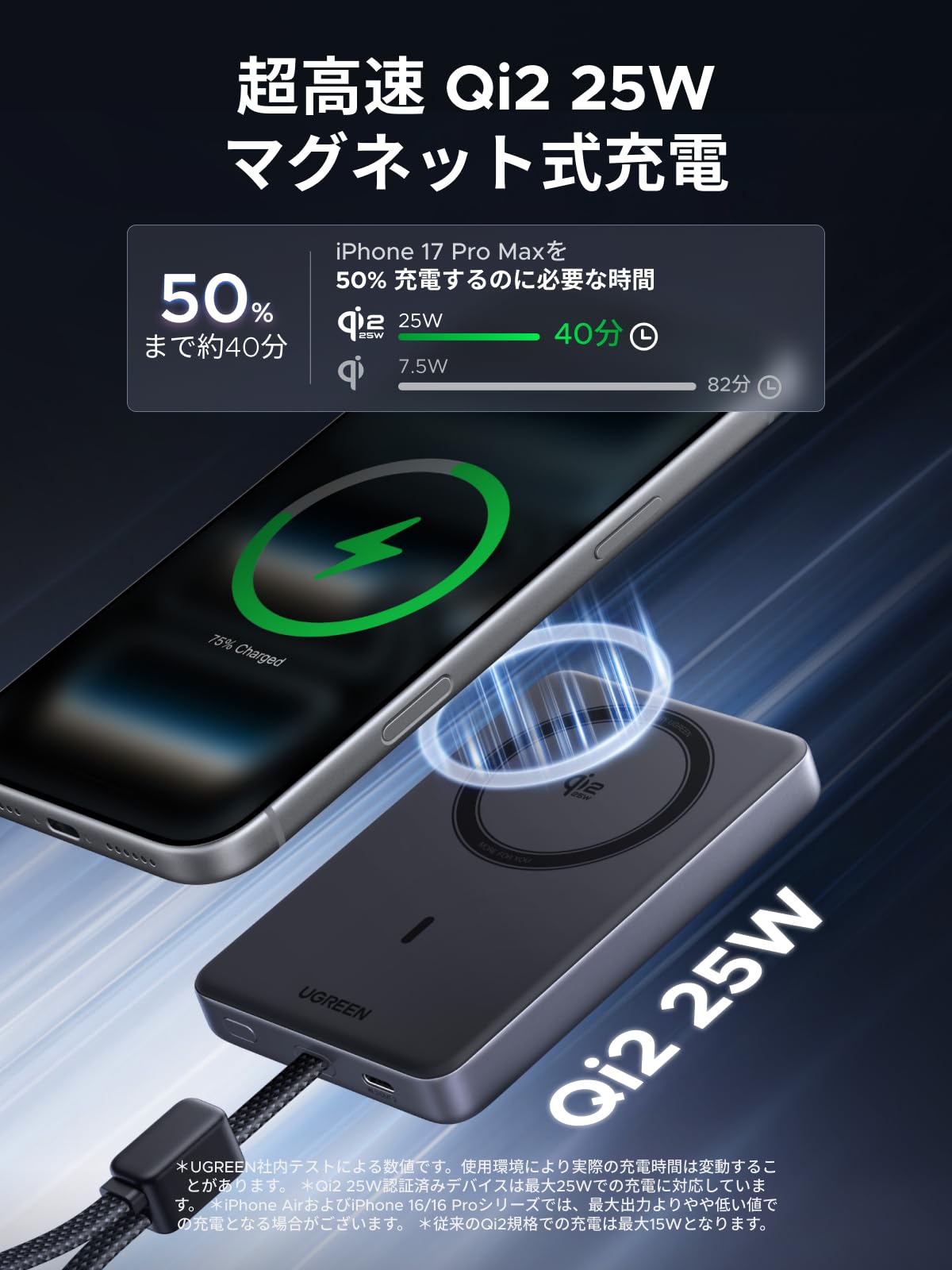 UGREEN Air 液体冷却式モバイルバッテリー 10000mAh Qi2 25W MagSafe対応 45W ケーブル内蔵
