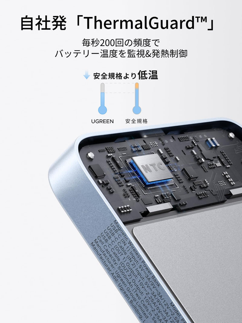 UGREEN Air モバイルバッテリー マグネット式ワイヤレス充電 薄型 MagSafe対応 10000mAh ケーブル内蔵 PB570 ブルー