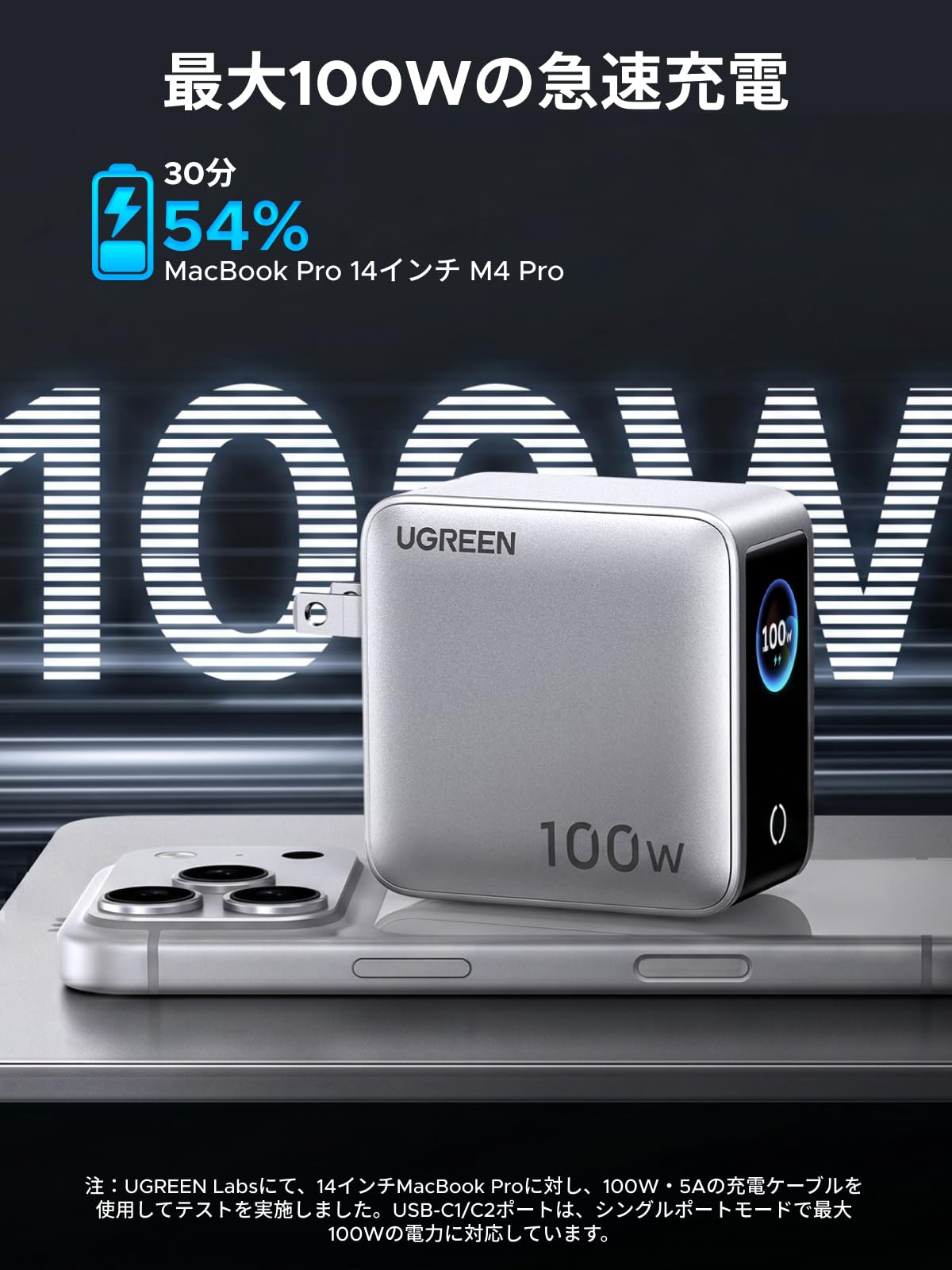 UGREEN アップグレード版 100W充電器 USB-C×3/USB-A×1 4ポート充電器 PD3.0/PPS/QC4対応 36*64*64mm