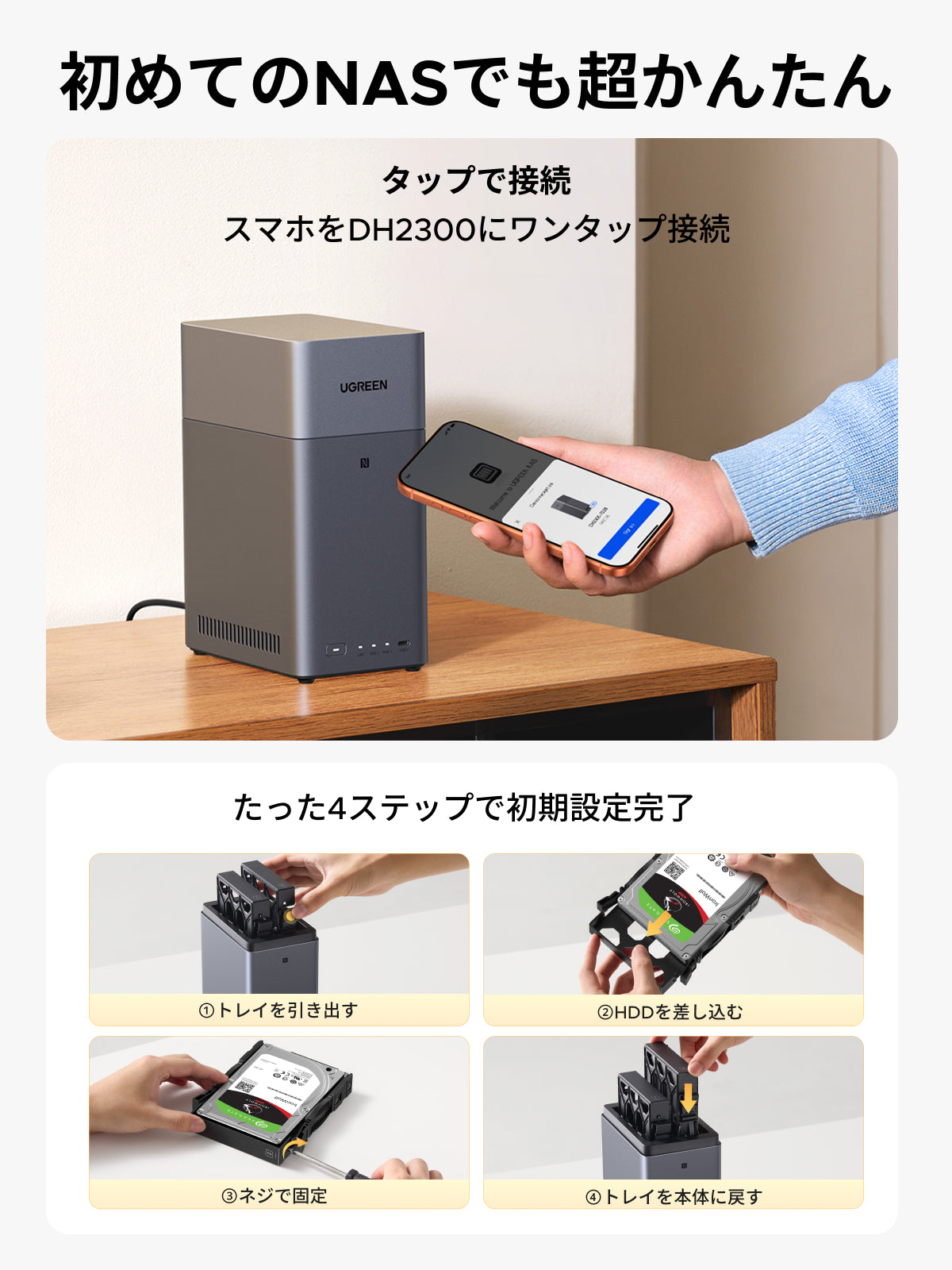 UGREEN NASync DH2300 家庭用NAS 設定方法図解 スマホとNFCワンタップ接続で簡単管理