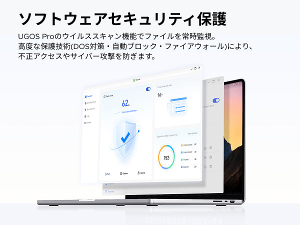 UGOS Proのウイルススキャンやファイアウォールによるソフトウェアセキュリティ保護機能を示した画面イメージ
