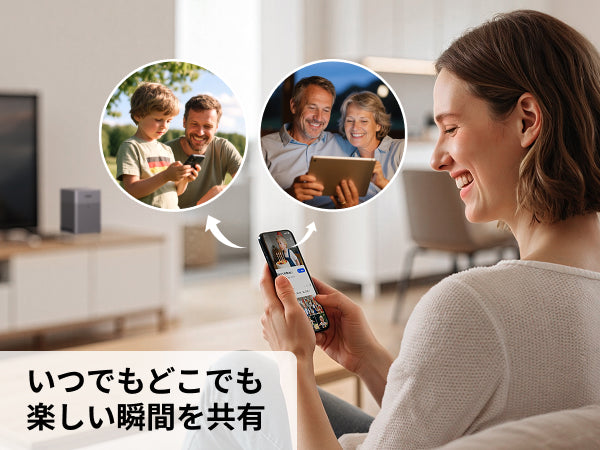 NASync DH4300 Plusに保存した写真や動画をスマートフォンから家族と共有するリモート共有の利用イメージ