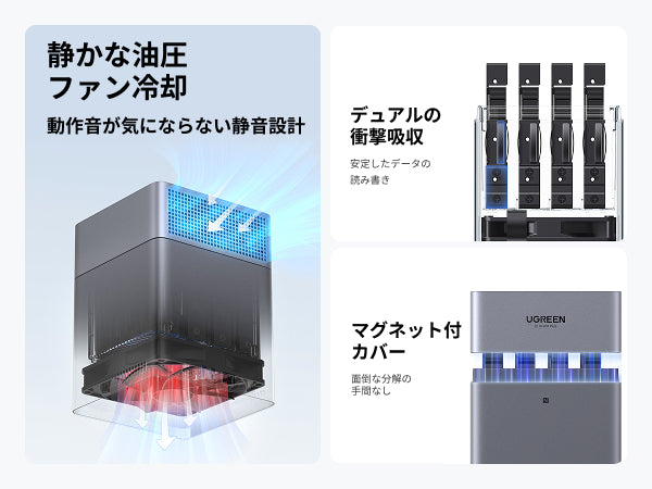NASync DH4300 Plusの静音ファン冷却と振動吸収構造により安定動作を実現する内部設計イメージ