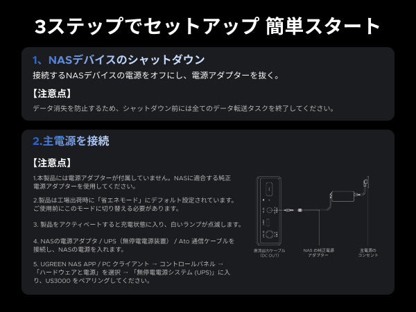 UGREEN NAS用UPSの3ステップセットアップ手順（NASのシャットダウン、主電源接続、注意事項）