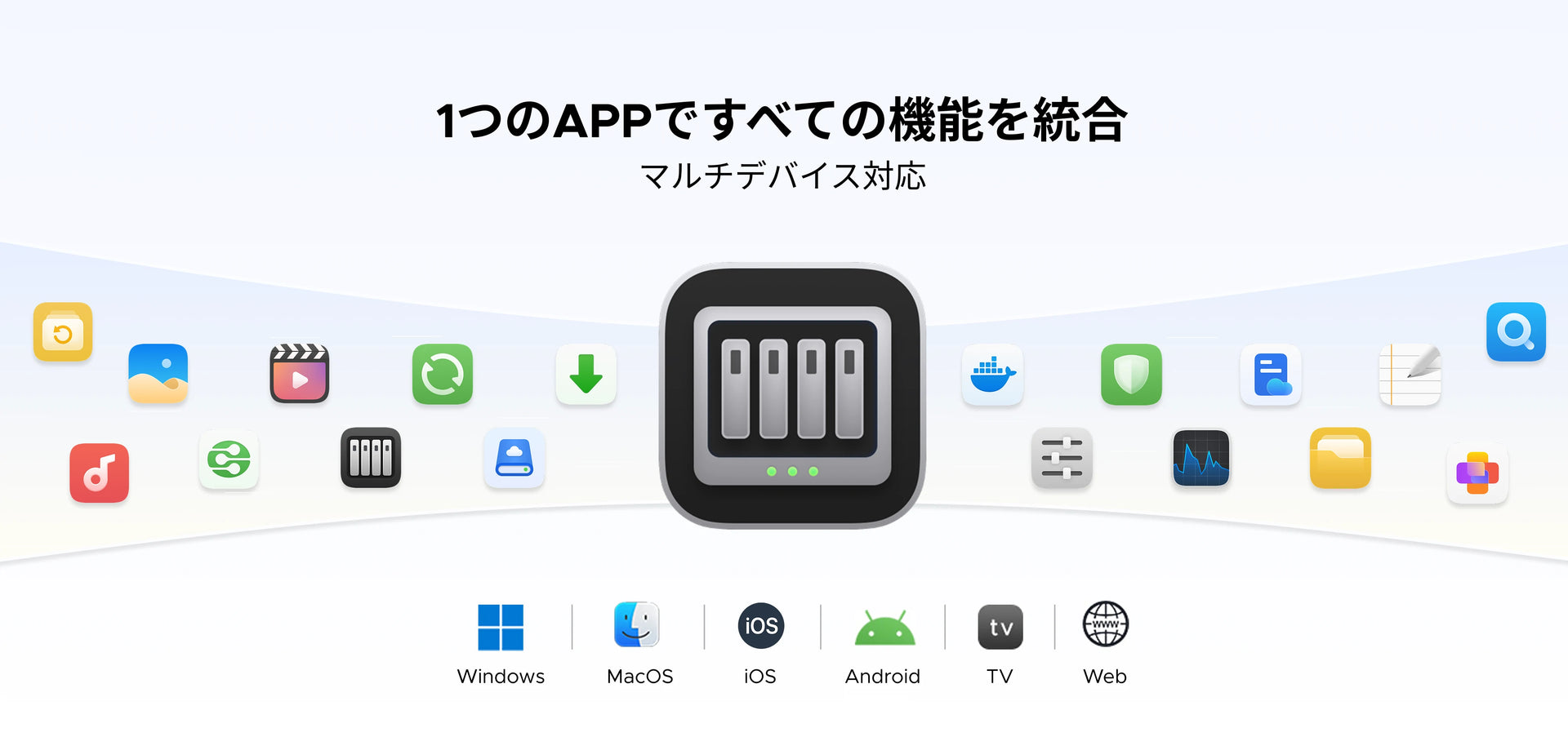 UGOS Proの一体型アプリで複数機能を統合しWindowsやMac、iOS、Androidなどマルチデバイスに対応するイメージ
