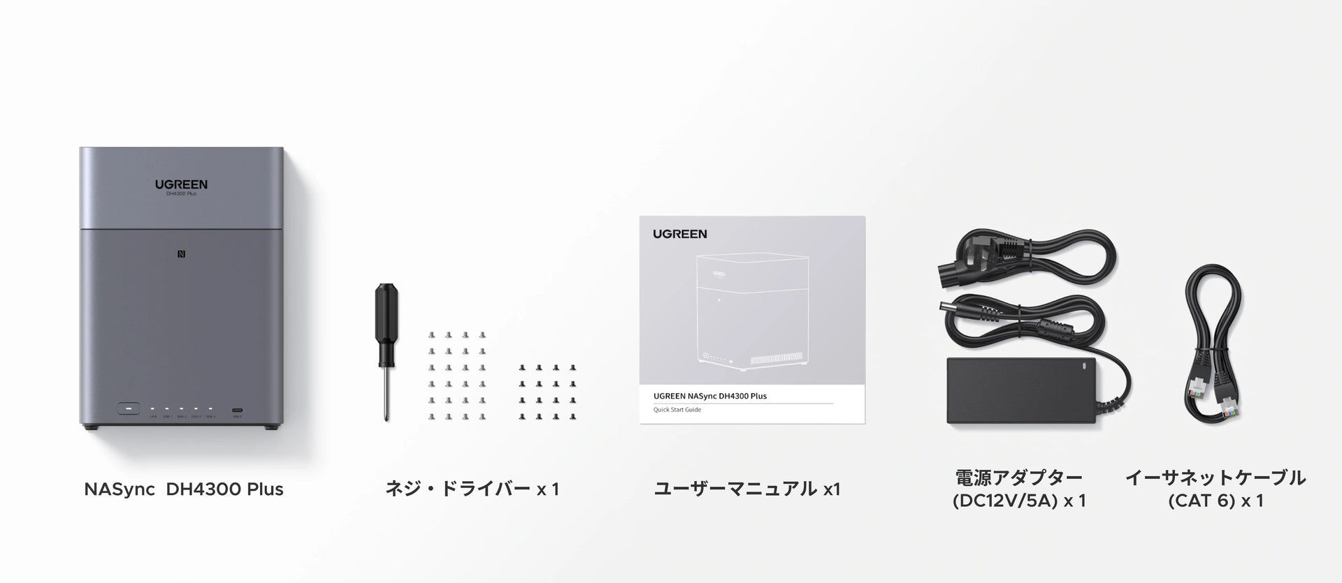 NASync DH4300 Plus本体と電源アダプター、LANケーブル、マニュアルなど付属品一式の内容を示したパッケージ一覧イメージ