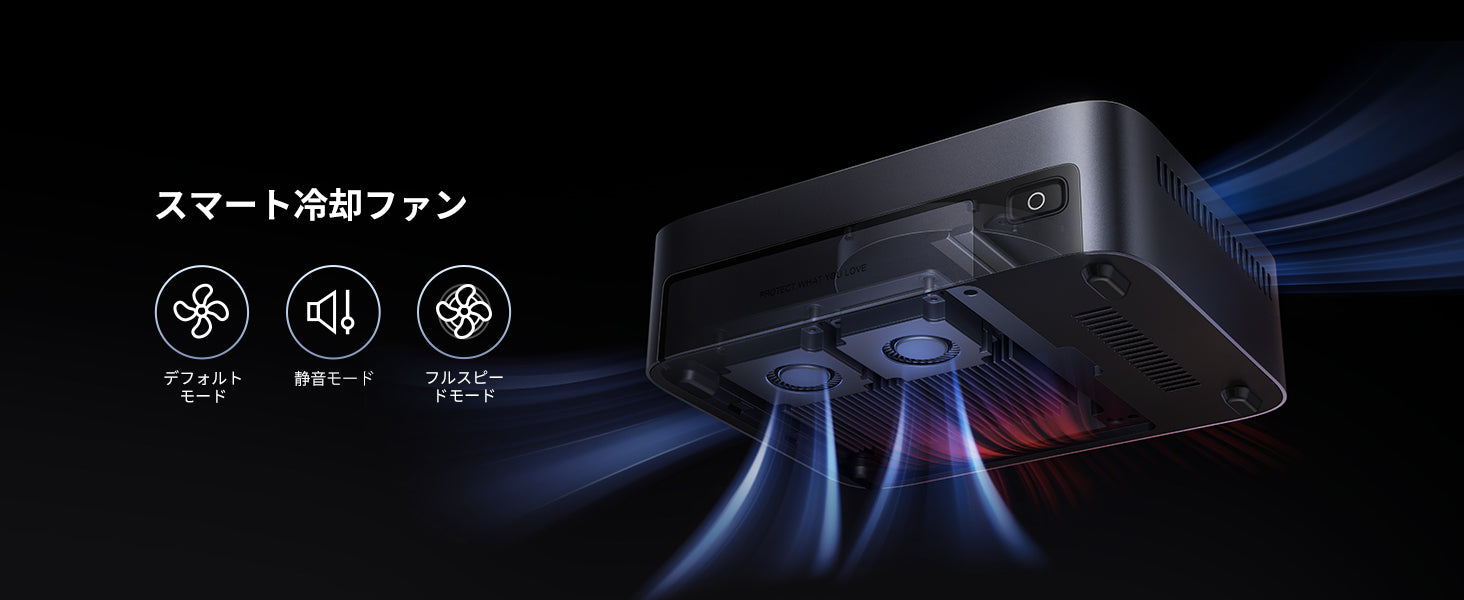 UGREEN NASync DXP480T Plusのスマート冷却ファンとエアフロー設計（静音・高性能モード対応）のイメージ