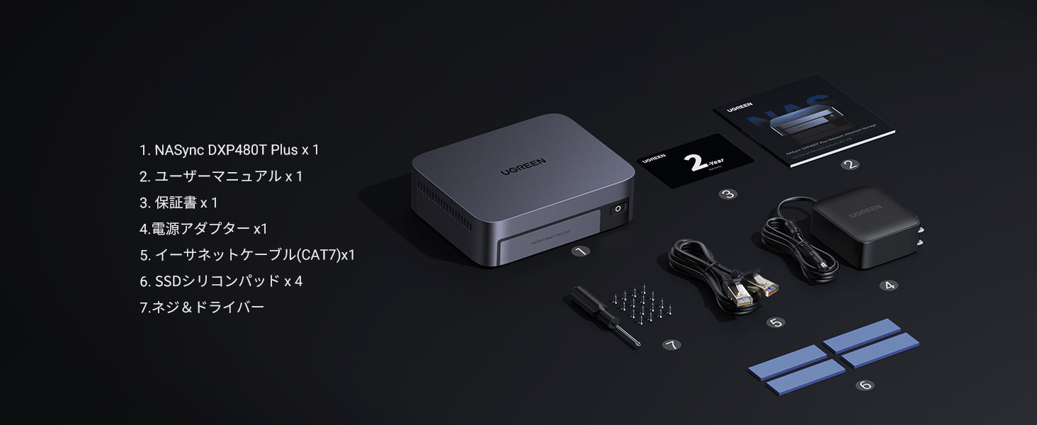 UGREEN NASync DXP480T Plusの付属品一覧（本体、電源アダプター、LANケーブル、SSDパッド、ネジ、マニュアルなど）