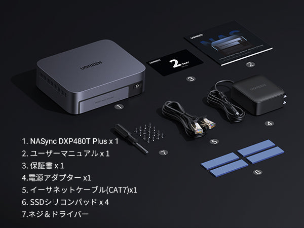 UGREEN NASync DXP480T Plusの付属品一覧（本体、電源アダプター、LANケーブル、SSDパッド、ネジ、マニュアルなど）