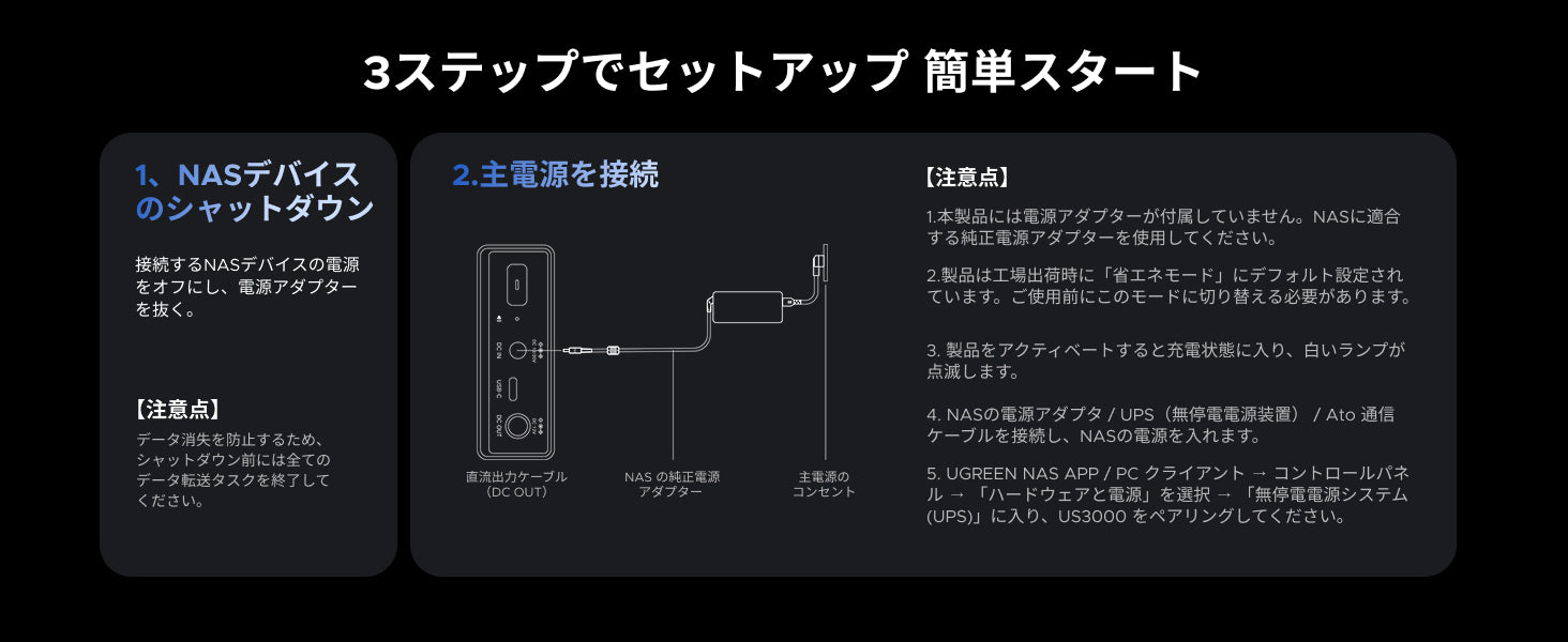 UGREEN NAS用UPSの3ステップセットアップ手順（NASのシャットダウン、主電源接続、注意事項）