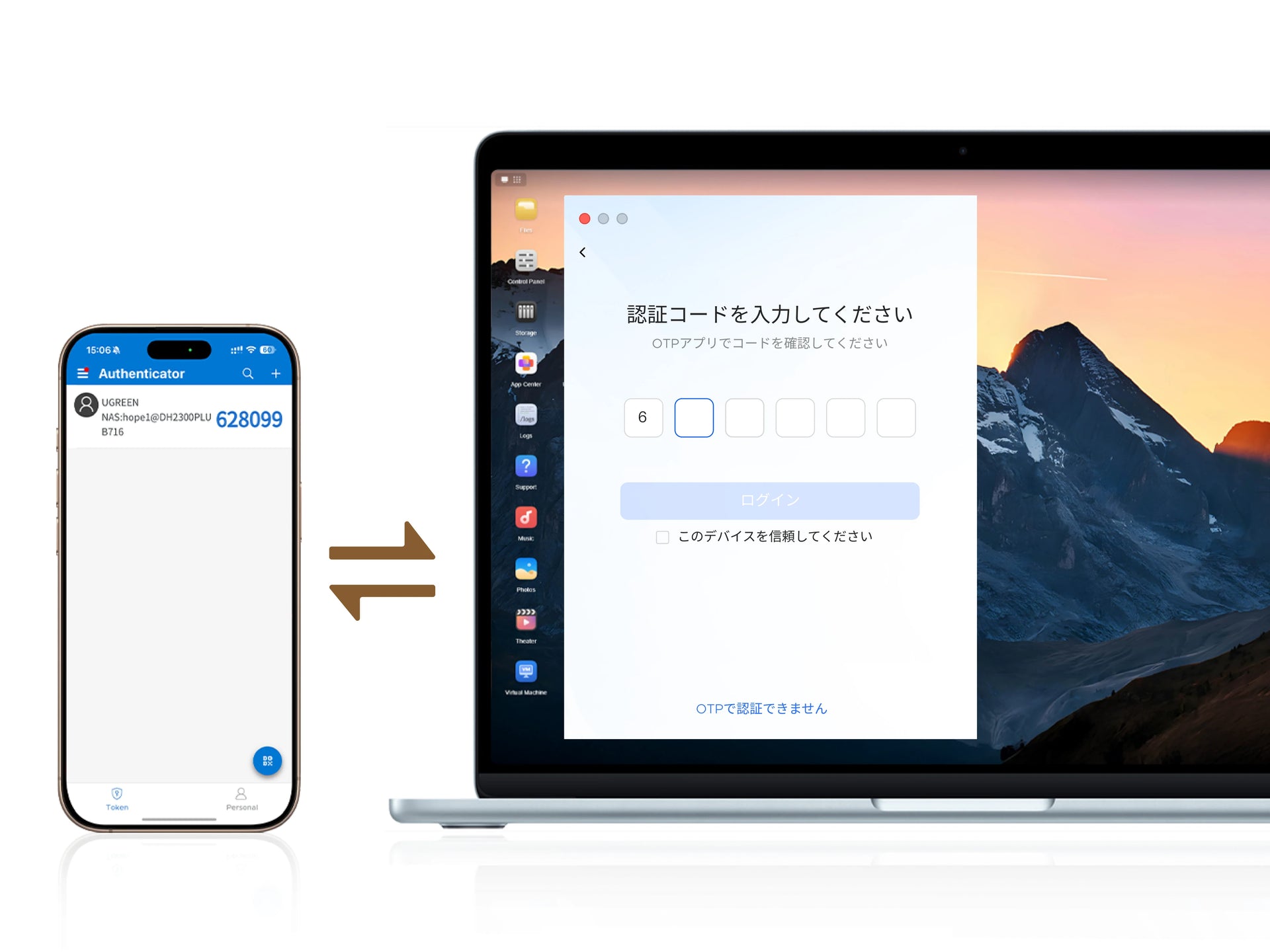 NASync の二要素認証（2FA）による安全なログインとデバイス認証の利用イメージ
