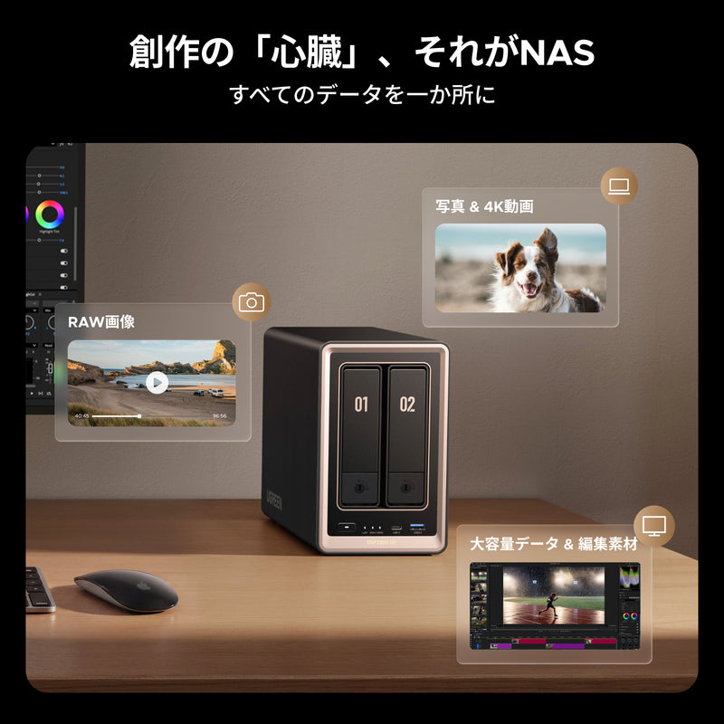 UGREEN NASync DXP2800 GTにRAW画像、4K動画、編集プロジェクトデータを一元保存して管理するクリエイター向けストレージイメージ