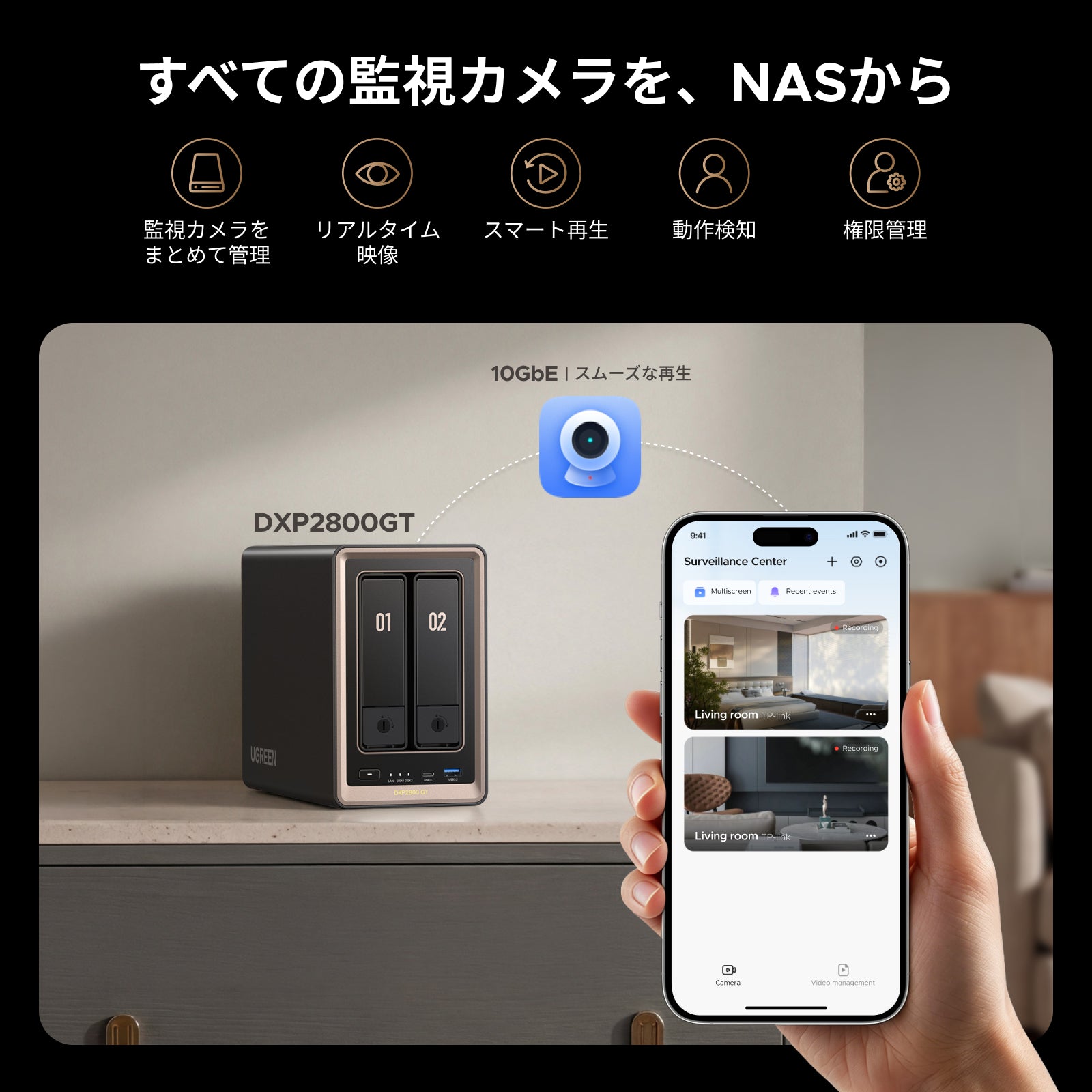 UGREEN NASync DXP2800 GTで複数の監視カメラ映像を一元管理し、スマートフォンからリアルタイム監視や録画映像を確認するイメージ