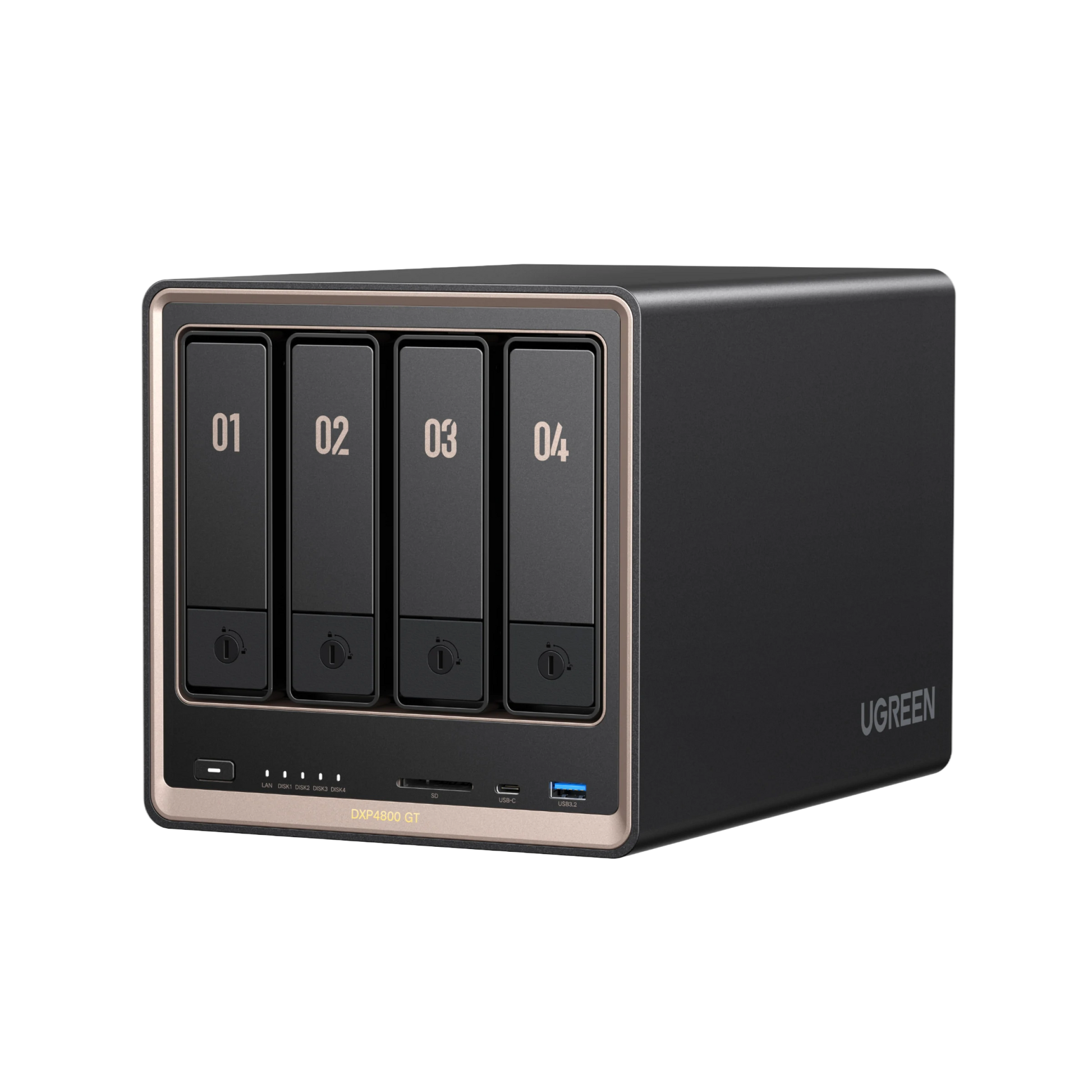 UGREEN NASync DXP4800 GTの外観デザイン。4ベイHDD対応、SDカードスロット、USB-Cポート、USB 3.2ポートを搭載したNAS本体
