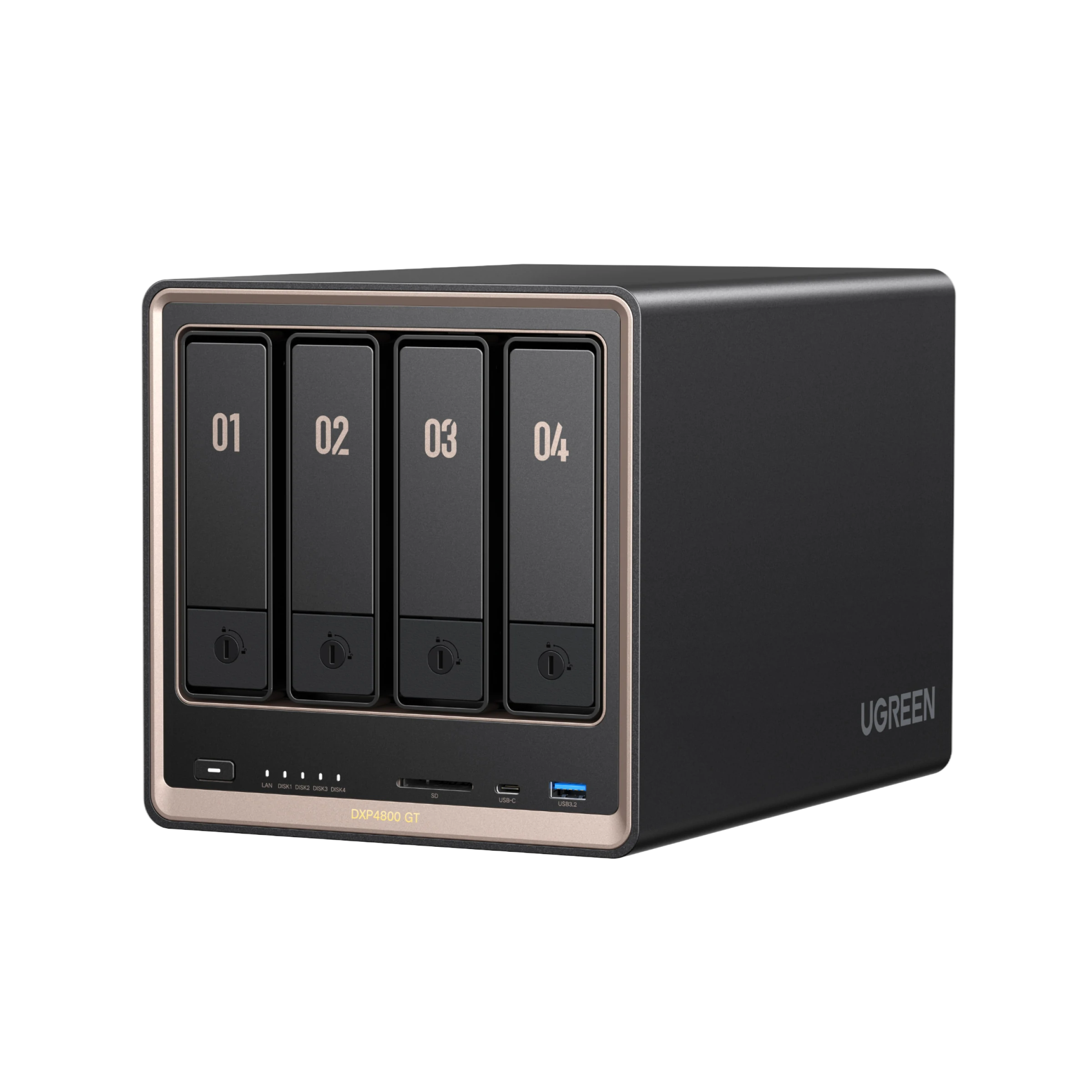 UGREEN NASync DXP4800 GTの外観デザイン。4ベイHDD対応、SDカードスロット、USB-Cポート、USB 3.2ポートを搭載したNAS本体